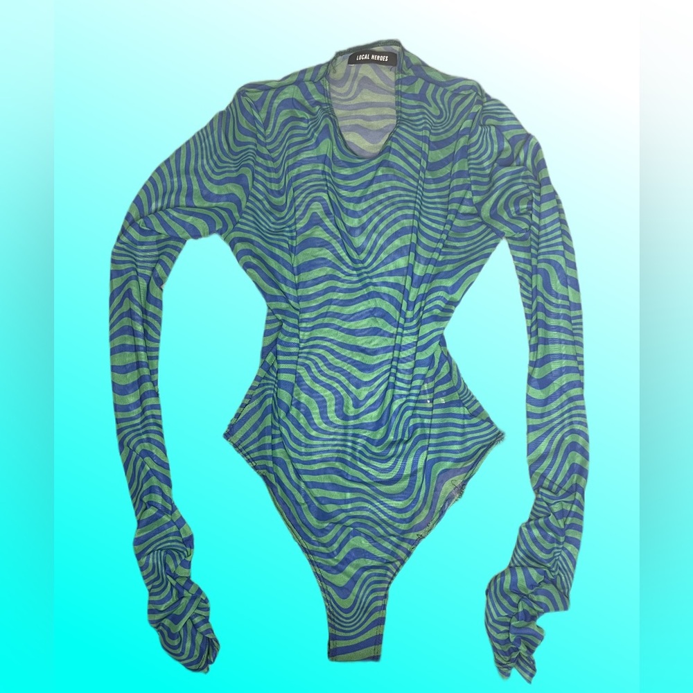 Blue Green bodysuit with ruched sleeves